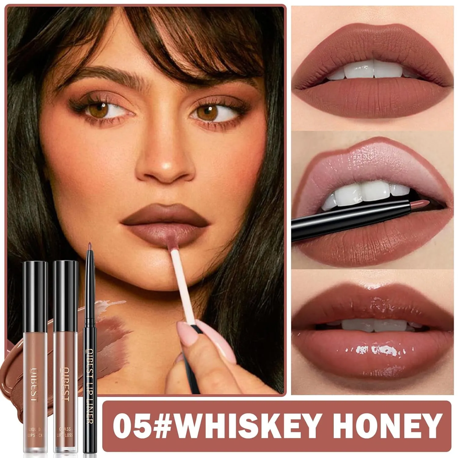3-in-1 Lip Kit: Brown Lip Gloss, Liner & Matte Lipstick Set for Women - Whiskey Honey