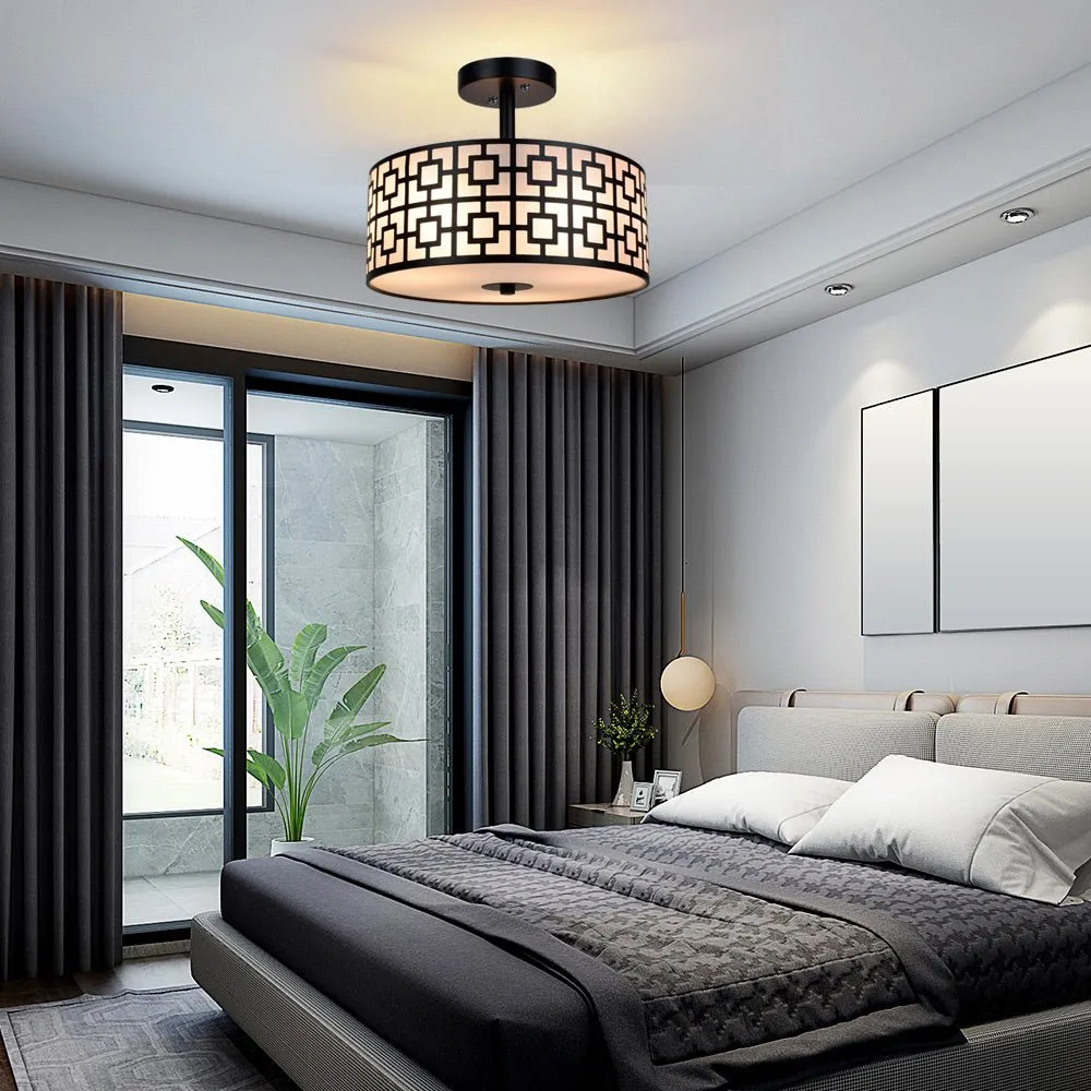 Depuley 12.6In Modern Semi Flush Ceiling Light Fixture, 3-Light Bedroom Ceiling Drum Light, Entry Light Fixtures Ceiling Hanging for Dining Room, Kitchen, Hallway, Entry, Foyer, Living Room, Black/Silver Finish