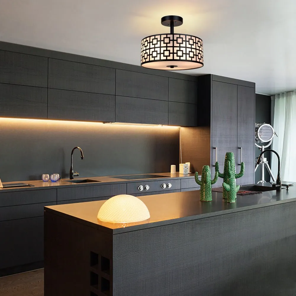 Depuley 12.6In Modern Semi Flush Ceiling Light Fixture, 3-Light Bedroom Ceiling Drum Light, Entry Light Fixtures Ceiling Hanging for Dining Room, Kitchen, Hallway, Entry, Foyer, Living Room, Black/Silver Finish