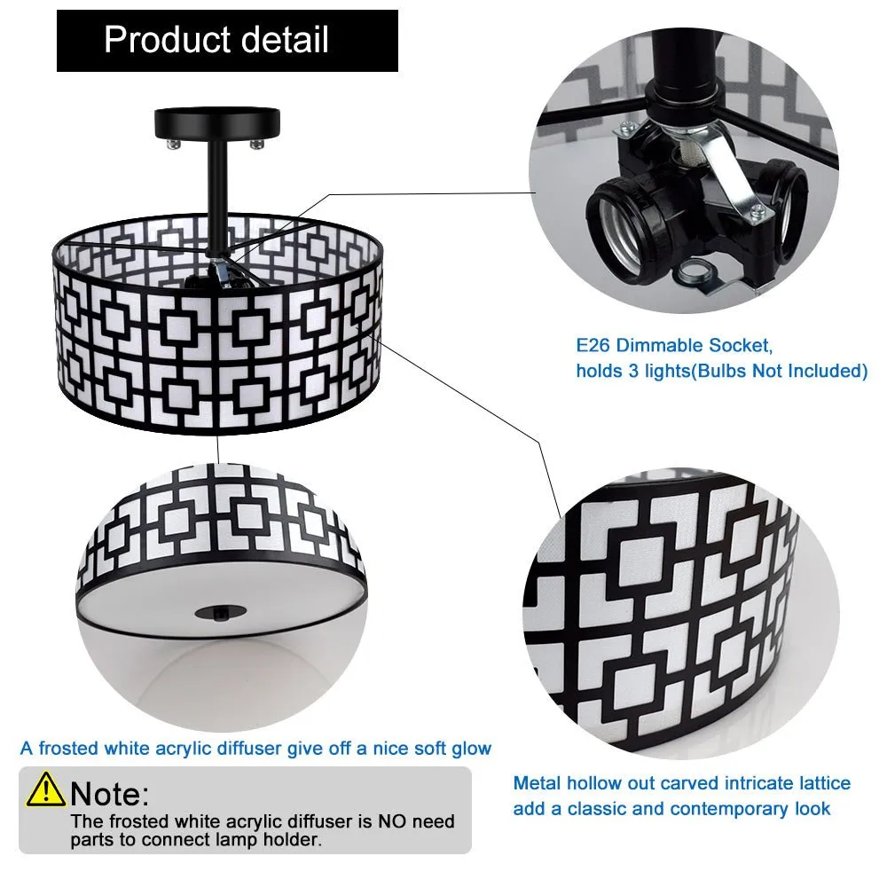 Depuley 12.6In Modern Semi Flush Ceiling Light Fixture, 3-Light Bedroom Ceiling Drum Light, Entry Light Fixtures Ceiling Hanging for Dining Room, Kitchen, Hallway, Entry, Foyer, Living Room, Black/Silver Finish