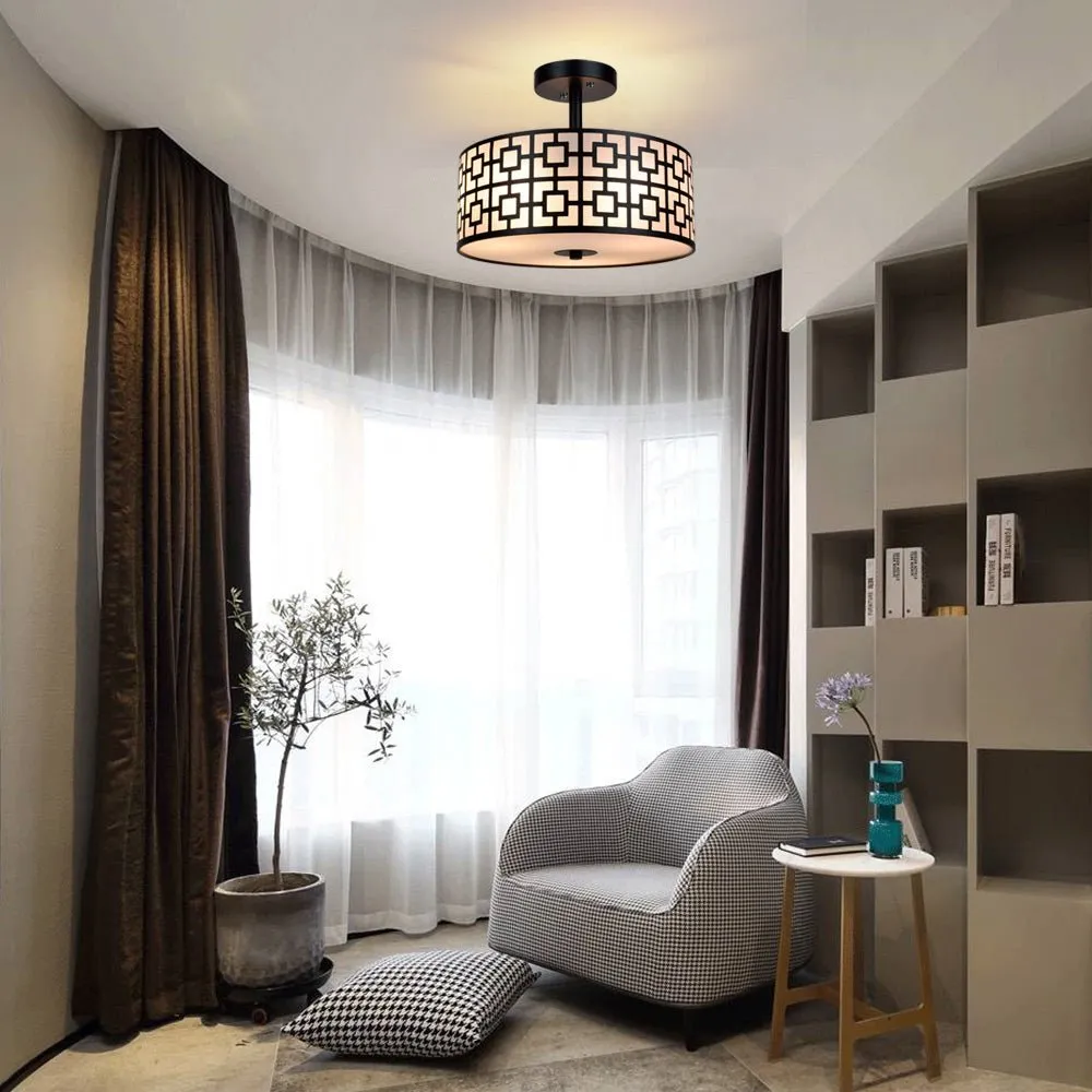 Depuley 12.6In Modern Semi Flush Ceiling Light Fixture, 3-Light Bedroom Ceiling Drum Light, Entry Light Fixtures Ceiling Hanging for Dining Room, Kitchen, Hallway, Entry, Foyer, Living Room, Black/Silver Finish