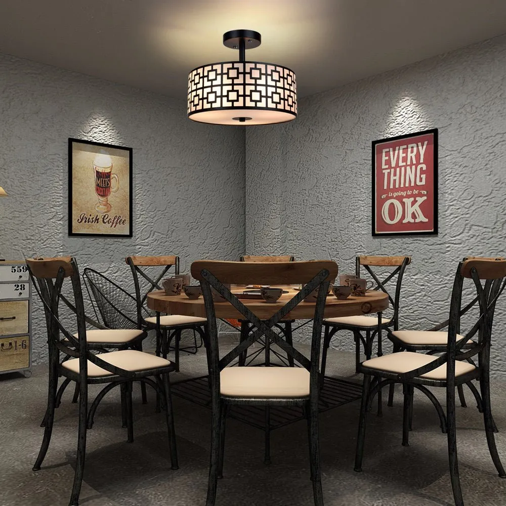 Depuley 12.6In Modern Semi Flush Ceiling Light Fixture, 3-Light Bedroom Ceiling Drum Light, Entry Light Fixtures Ceiling Hanging for Dining Room, Kitchen, Hallway, Entry, Foyer, Living Room, Black/Silver Finish