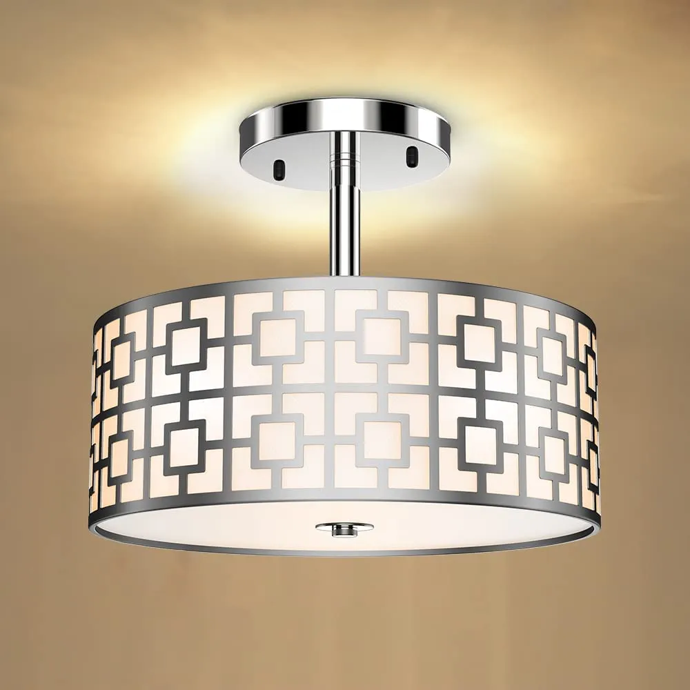 Depuley 12.6In Modern Semi Flush Ceiling Light Fixture, 3-Light Bedroom Ceiling Drum Light, Entry Light Fixtures Ceiling Hanging for Dining Room, Kitchen, Hallway, Entry, Foyer, Living Room, Black/Silver Finish