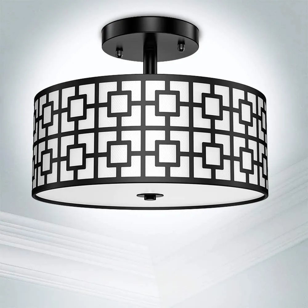 Depuley 12.6In Modern Semi Flush Ceiling Light Fixture, 3-Light Bedroom Ceiling Drum Light, Entry Light Fixtures Ceiling Hanging for Dining Room, Kitchen, Hallway, Entry, Foyer, Living Room, Black/Silver Finish