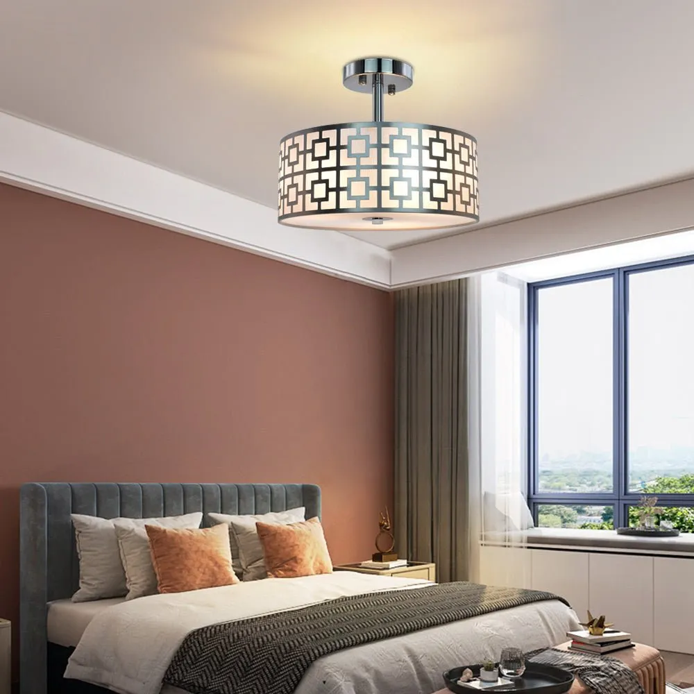 Depuley 12.6In Modern Semi Flush Ceiling Light Fixture, 3-Light Bedroom Ceiling Drum Light, Entry Light Fixtures Ceiling Hanging for Dining Room, Kitchen, Hallway, Entry, Foyer, Living Room, Black/Silver Finish
