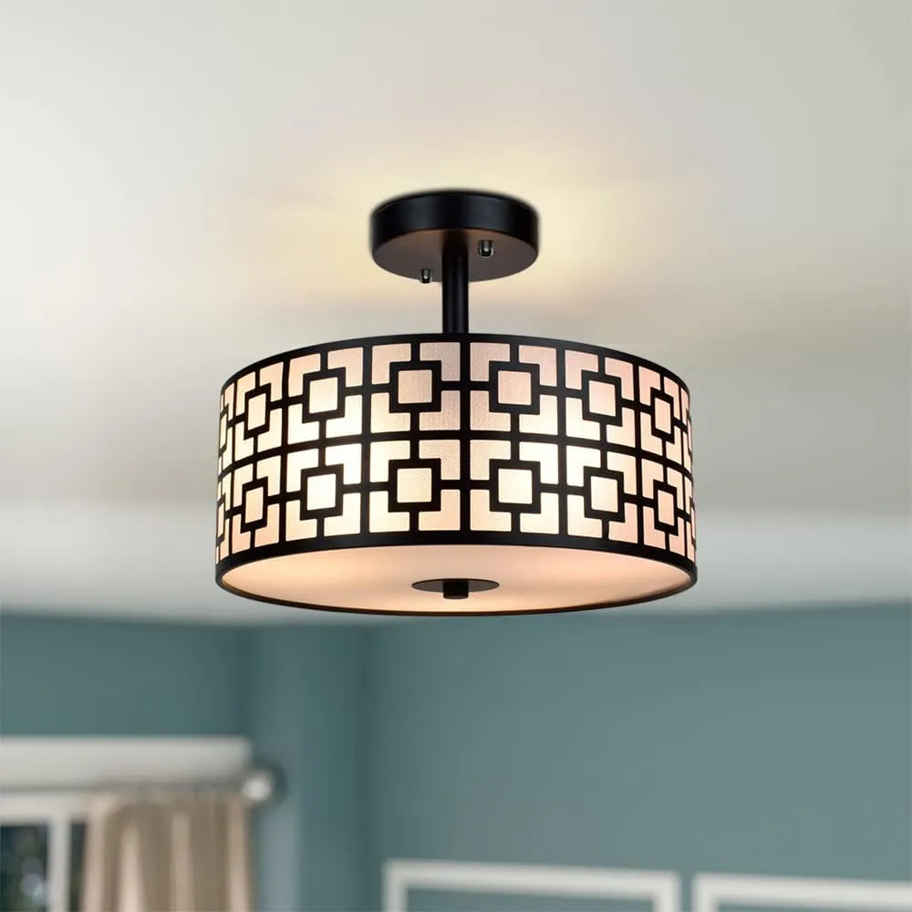 Depuley 12.6In Modern Semi Flush Ceiling Light Fixture, 3-Light Bedroom Ceiling Drum Light, Entry Light Fixtures Ceiling Hanging for Dining Room, Kitchen, Hallway, Entry, Foyer, Living Room, Black/Silver Finish