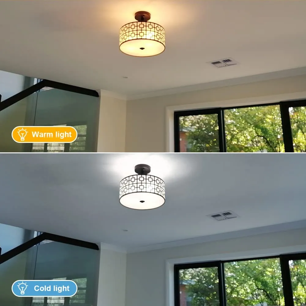 Depuley 12.6In Modern Semi Flush Ceiling Light Fixture, 3-Light Bedroom Ceiling Drum Light, Entry Light Fixtures Ceiling Hanging for Dining Room, Kitchen, Hallway, Entry, Foyer, Living Room, Black/Silver Finish