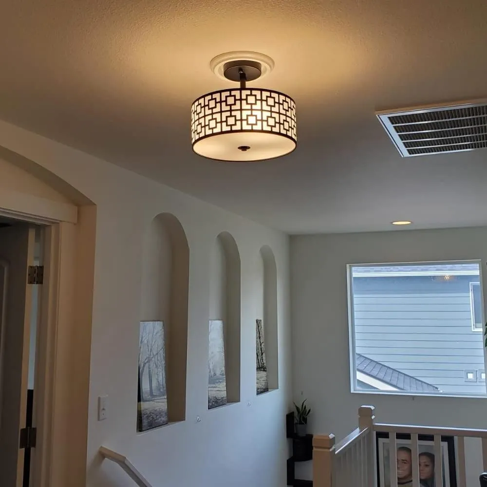 Depuley 12.6In Modern Semi Flush Ceiling Light Fixture, 3-Light Bedroom Ceiling Drum Light, Entry Light Fixtures Ceiling Hanging for Dining Room, Kitchen, Hallway, Entry, Foyer, Living Room, Black/Silver Finish