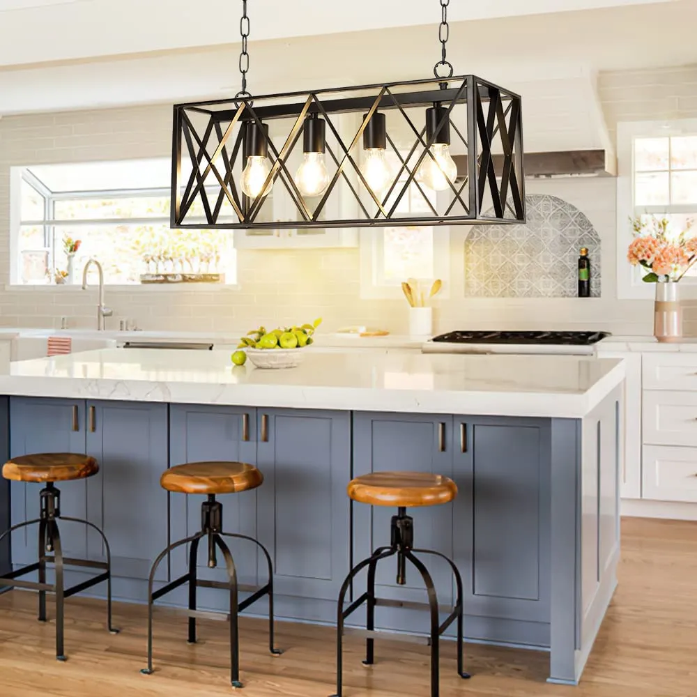 Depuley 4-Light Farmhouse Kitchen Island Pendant Lighting, Industrial Black Chandelier Light Fixture Ceiling Hanging with Metal Frame for Dining Room Living Room Restaurant (E26 Bulbs Included)