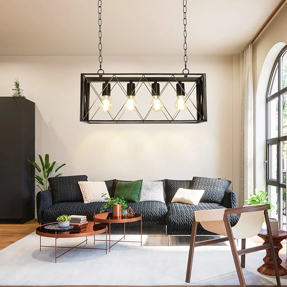 Depuley 4-Light Farmhouse Kitchen Island Pendant Lighting, Industrial Black Chandelier Light Fixture Ceiling Hanging with Metal Frame for Dining Room Living Room Restaurant (E26 Bulbs Included)