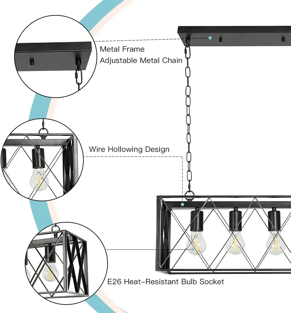 Depuley 4-Light Farmhouse Kitchen Island Pendant Lighting, Industrial Black Chandelier Light Fixture Ceiling Hanging with Metal Frame for Dining Room Living Room Restaurant (E26 Bulbs Included)
