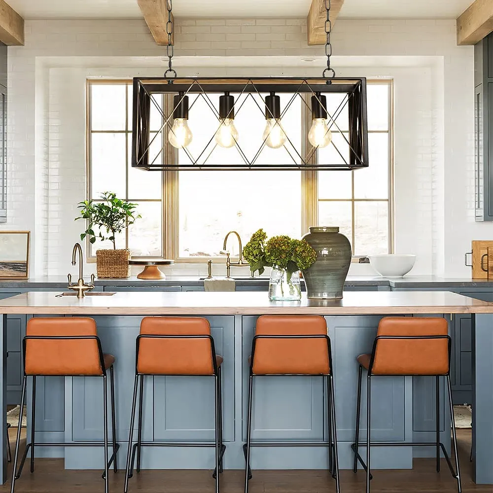Depuley 4-Light Farmhouse Kitchen Island Pendant Lighting, Industrial Black Chandelier Light Fixture Ceiling Hanging with Metal Frame for Dining Room Living Room Restaurant (E26 Bulbs Included)