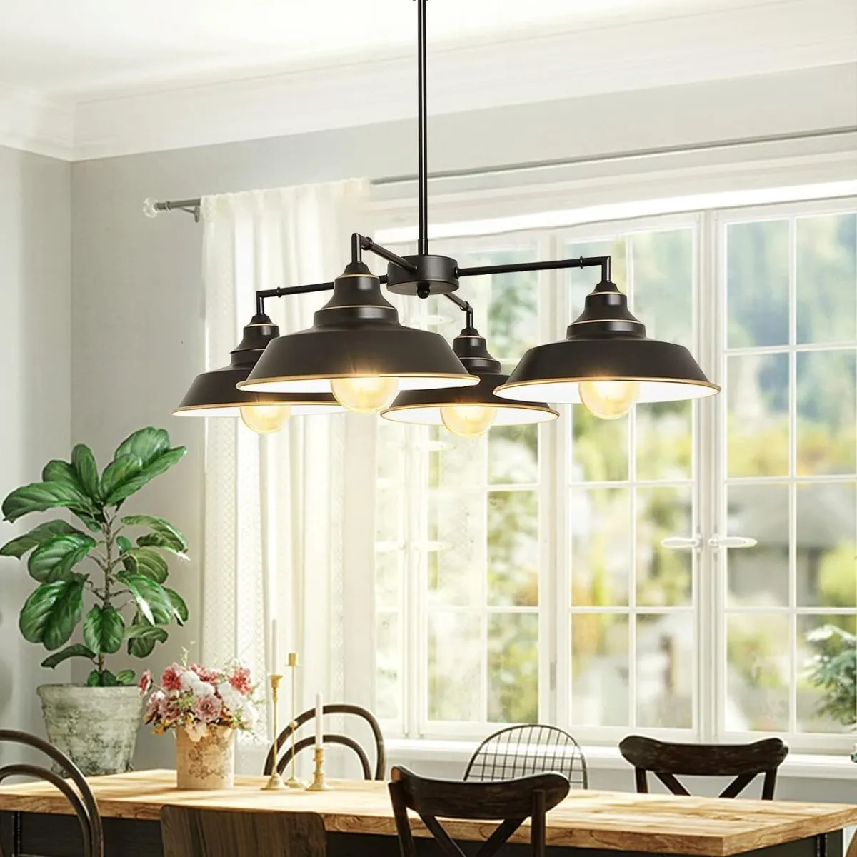 Depuley Hanging Pendant Light, 4-Light Black Pendant Lighting with Adjustable Chain, Farmhouse Kitchen Lights Ceiling for Living Room, Dinging Room, Farmhouse, Foyer, Gold Edge