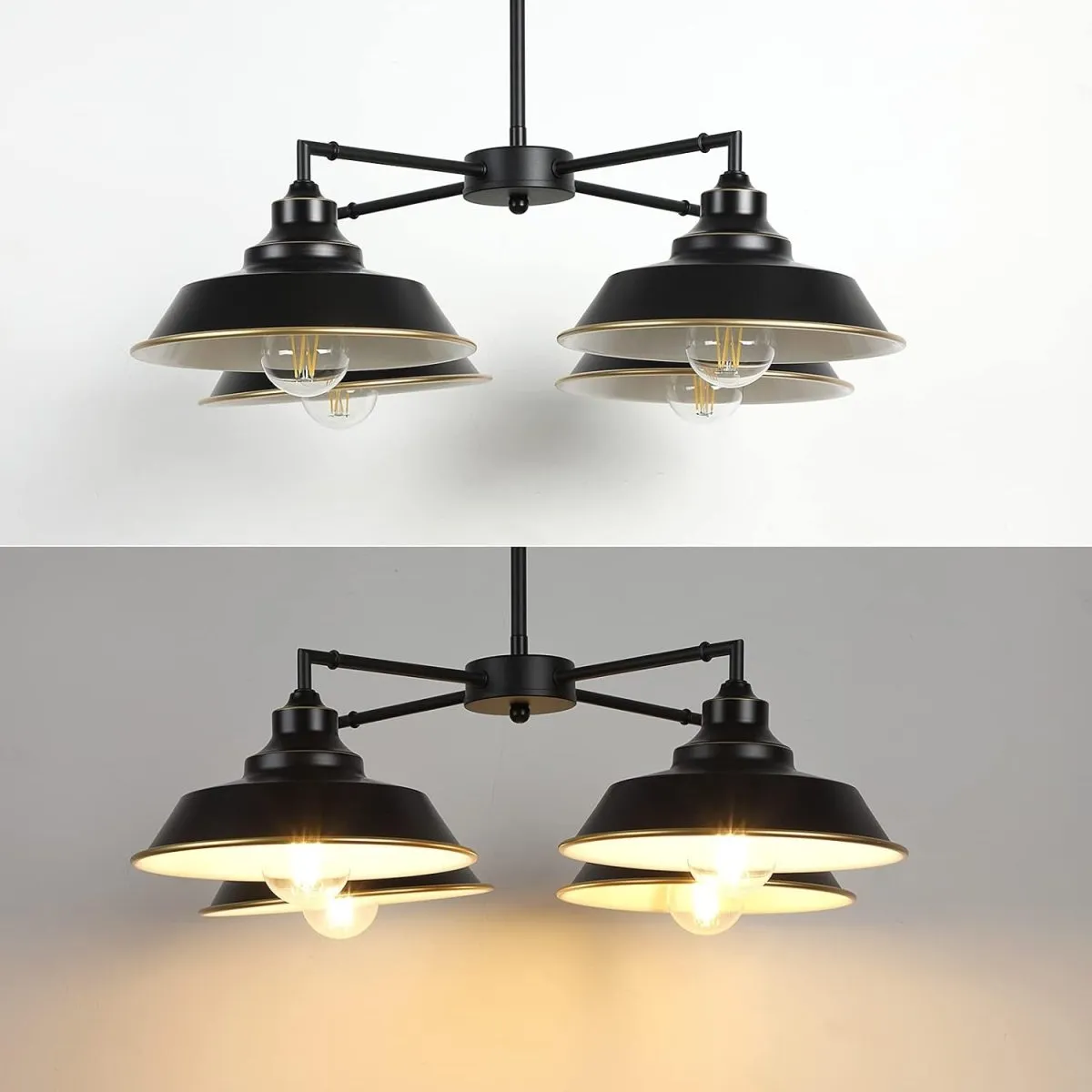 Depuley Hanging Pendant Light, 4-Light Black Pendant Lighting with Adjustable Chain, Farmhouse Kitchen Lights Ceiling for Living Room, Dinging Room, Farmhouse, Foyer, Gold Edge