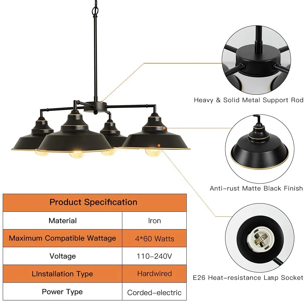 Depuley Hanging Pendant Light, 4-Light Black Pendant Lighting with Adjustable Chain, Farmhouse Kitchen Lights Ceiling for Living Room, Dinging Room, Farmhouse, Foyer, Gold Edge