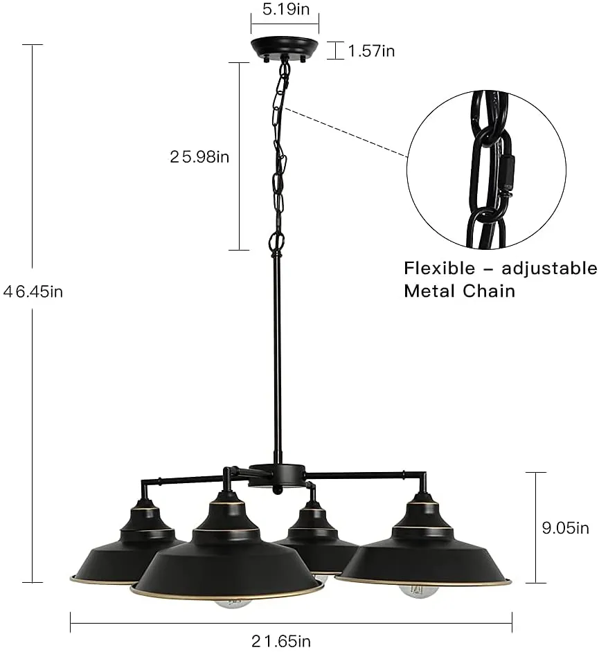 Depuley Hanging Pendant Light, 4-Light Black Pendant Lighting with Adjustable Chain, Farmhouse Kitchen Lights Ceiling for Living Room, Dinging Room, Farmhouse, Foyer, Gold Edge