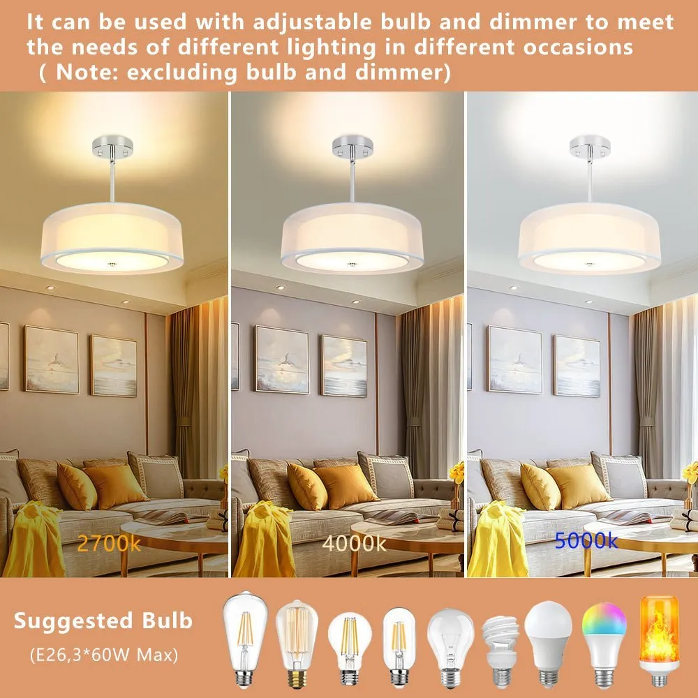 DLLT 3-Light Semi Flush Mount Ceiling Light Fixture, 20 Inch Adjustable Height Ceiling Hanging Lighting, Drum Pendant Light with Double Fabric Shade for Dining Room Living Room Bedroom Kitchen Entry Hallway