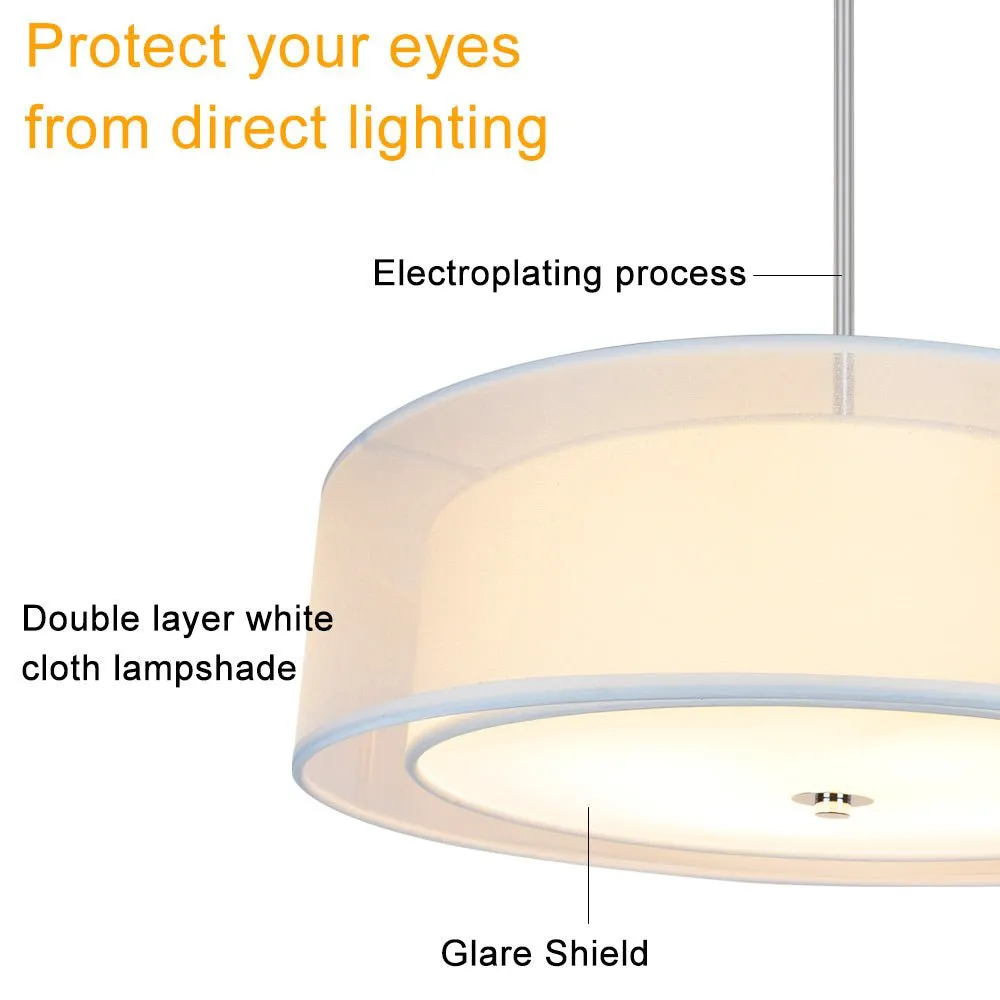 DLLT 3-Light Semi Flush Mount Ceiling Light Fixture, 20 Inch Adjustable Height Ceiling Hanging Lighting, Drum Pendant Light with Double Fabric Shade for Dining Room Living Room Bedroom Kitchen Entry Hallway