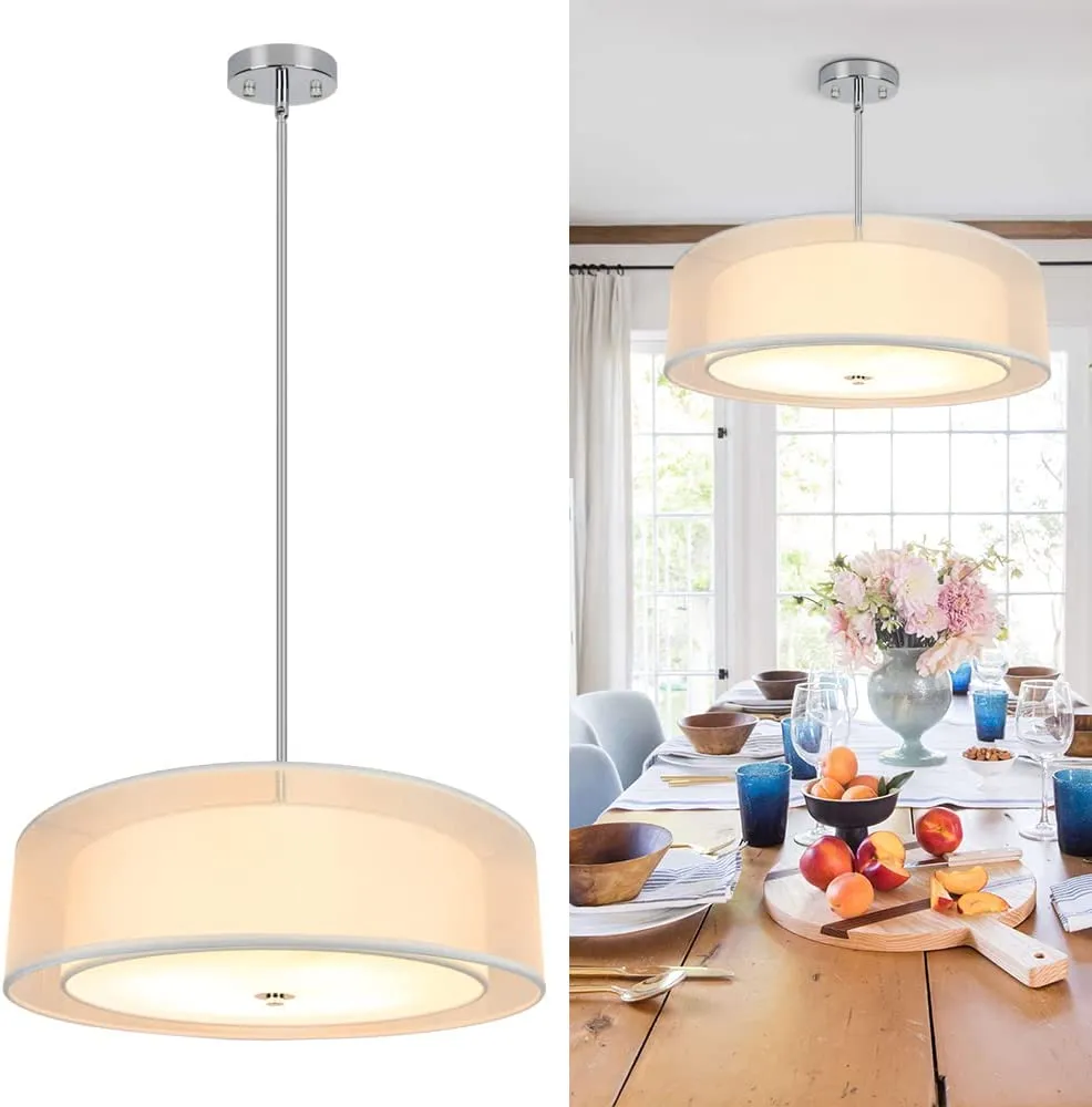 DLLT 3-Light Semi Flush Mount Ceiling Light Fixture, 20 Inch Adjustable Height Ceiling Hanging Lighting, Drum Pendant Light with Double Fabric Shade for Dining Room Living Room Bedroom Kitchen Entry Hallway