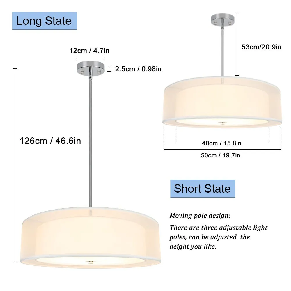 DLLT 3-Light Semi Flush Mount Ceiling Light Fixture, 20 Inch Adjustable Height Ceiling Hanging Lighting, Drum Pendant Light with Double Fabric Shade for Dining Room Living Room Bedroom Kitchen Entry Hallway