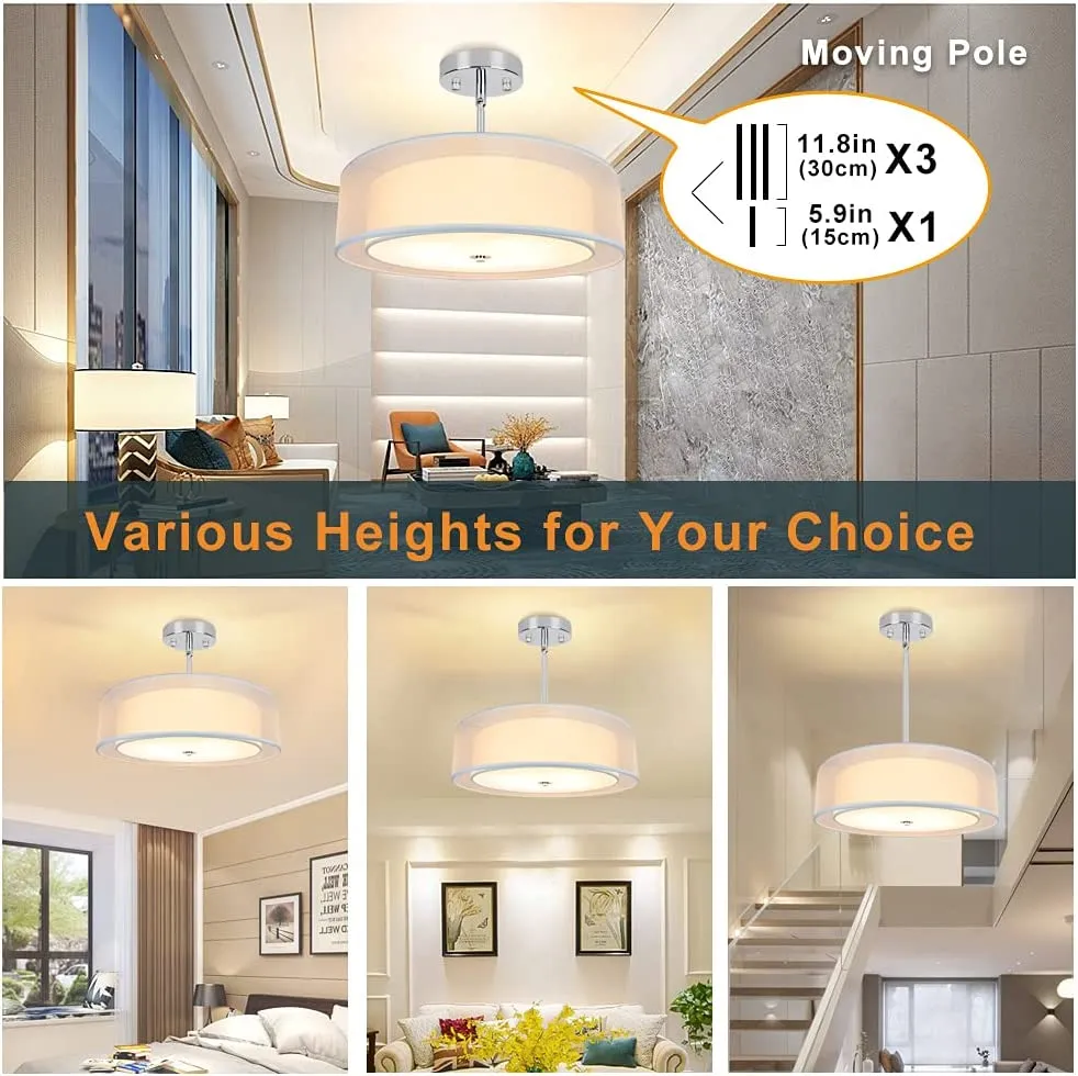 DLLT 3-Light Semi Flush Mount Ceiling Light Fixture, 20 Inch Adjustable Height Ceiling Hanging Lighting, Drum Pendant Light with Double Fabric Shade for Dining Room Living Room Bedroom Kitchen Entry Hallway