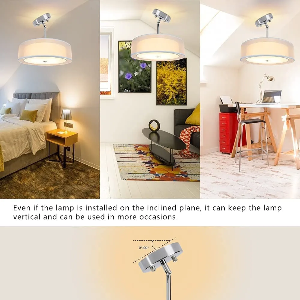 DLLT 3-Light Semi Flush Mount Ceiling Light Fixture, 20 Inch Adjustable Height Ceiling Hanging Lighting, Drum Pendant Light with Double Fabric Shade for Dining Room Living Room Bedroom Kitchen Entry Hallway