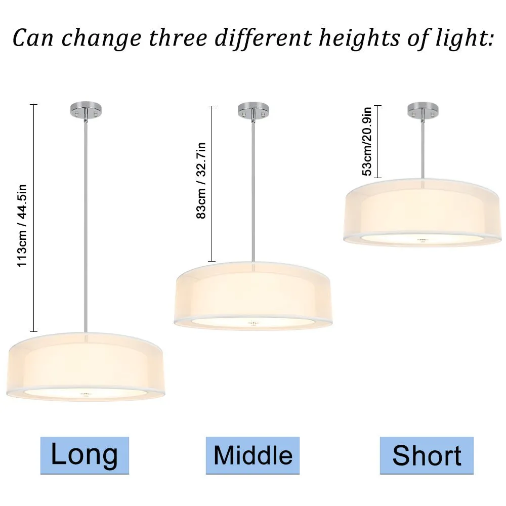 DLLT 3-Light Semi Flush Mount Ceiling Light Fixture, 20 Inch Adjustable Height Ceiling Hanging Lighting, Drum Pendant Light with Double Fabric Shade for Dining Room Living Room Bedroom Kitchen Entry Hallway