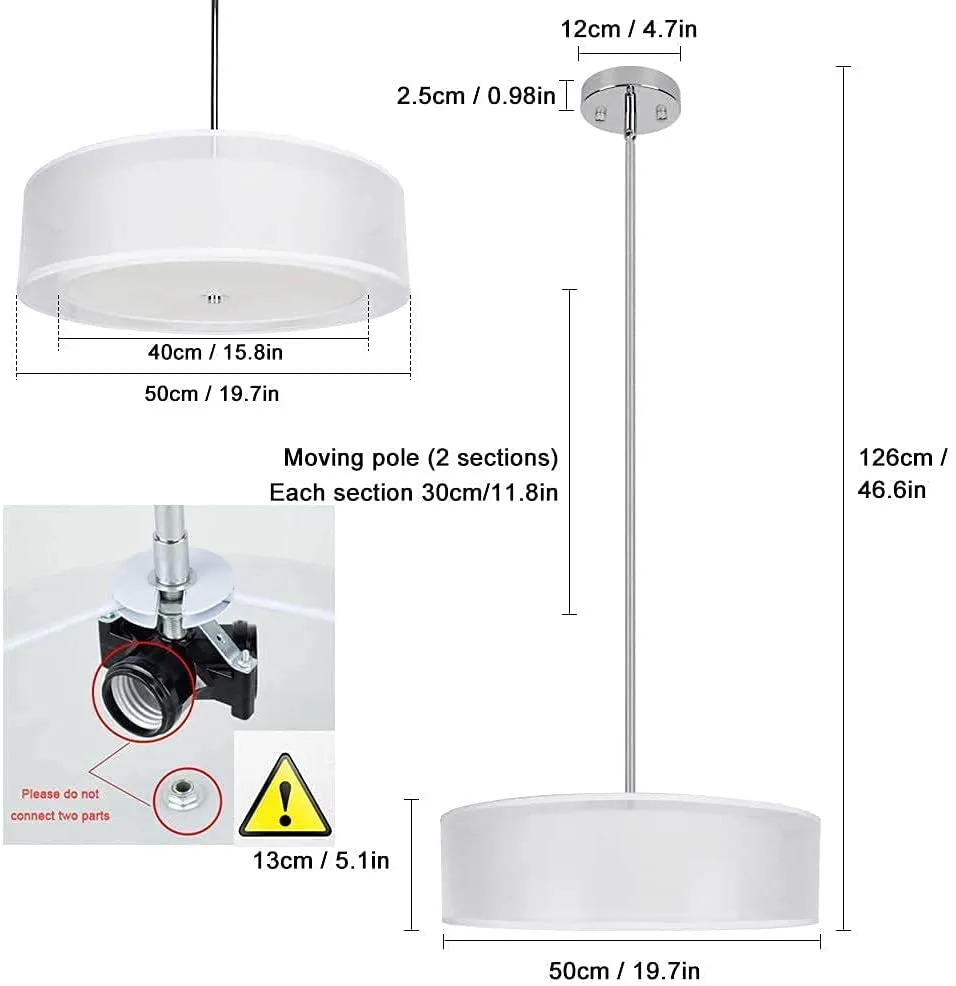 DLLT 3-Light Semi Flush Mount Ceiling Light Fixture, 20 Inch Adjustable Height Ceiling Hanging Lighting, Drum Pendant Light with Double Fabric Shade for Dining Room Living Room Bedroom Kitchen Entry Hallway