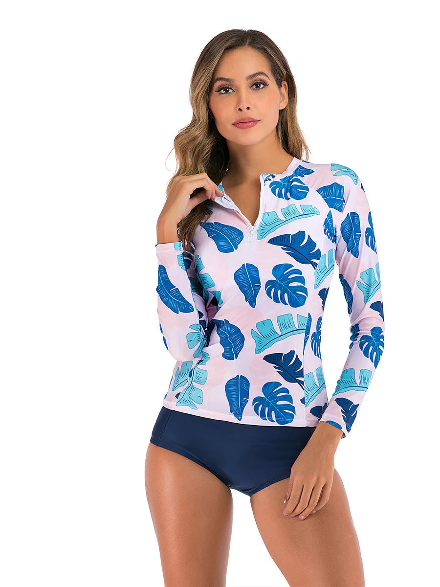 Printed long-sleeved sunscreen belly-covering two-piece swimsuit
