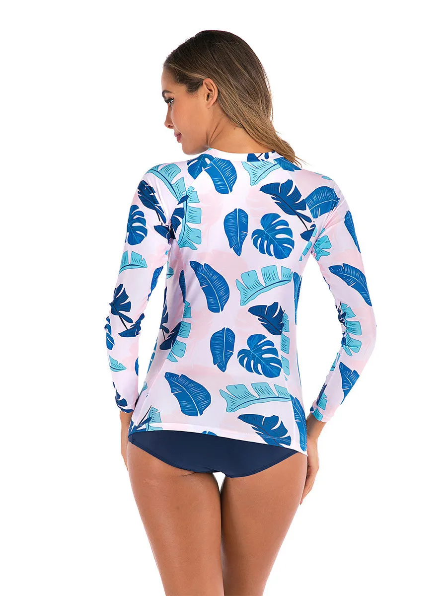 Printed long-sleeved sunscreen belly-covering two-piece swimsuit
