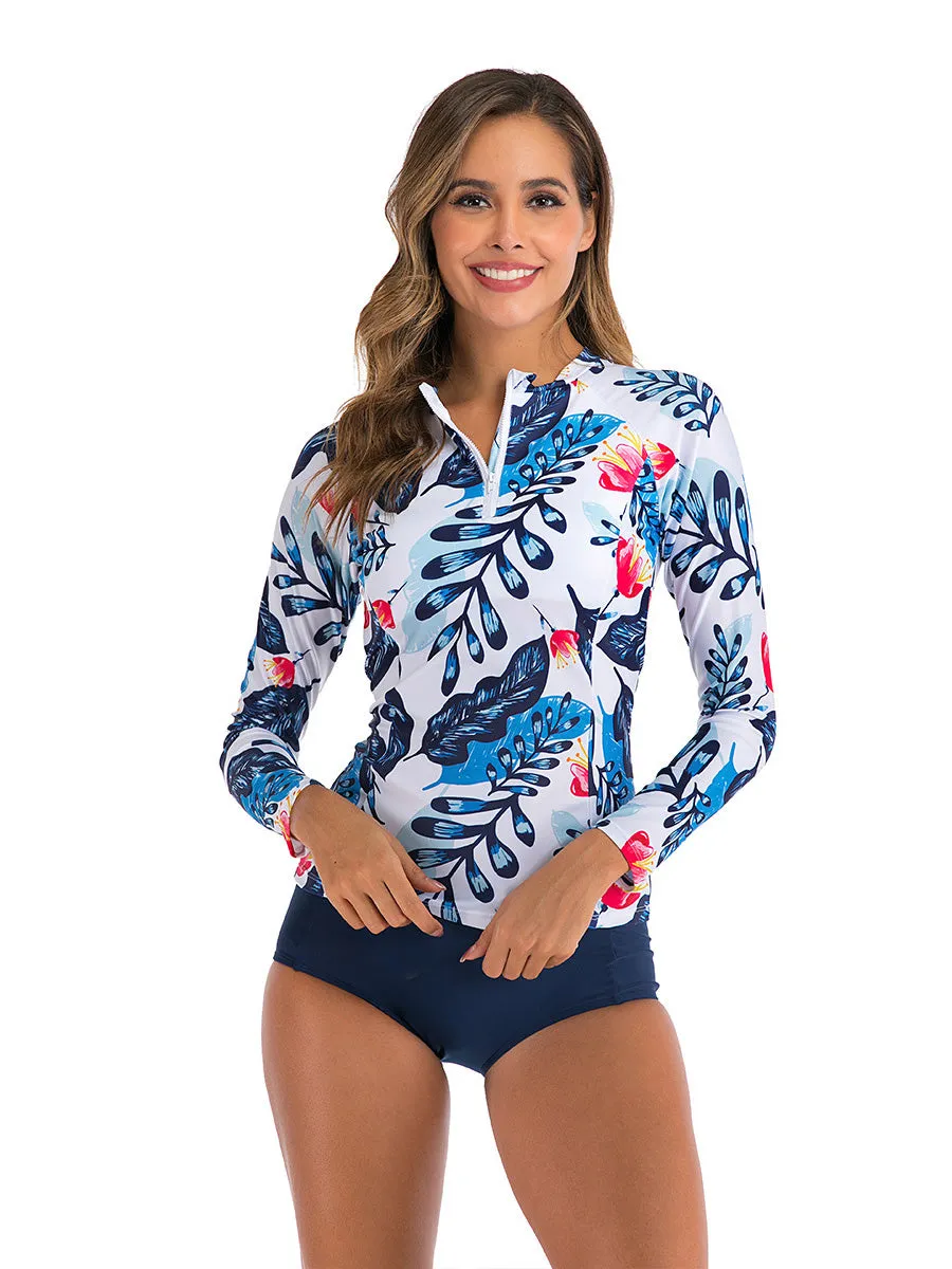 Printed long-sleeved sunscreen belly-covering two-piece swimsuit