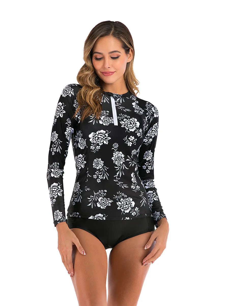 Printed long-sleeved sunscreen belly-covering two-piece swimsuit