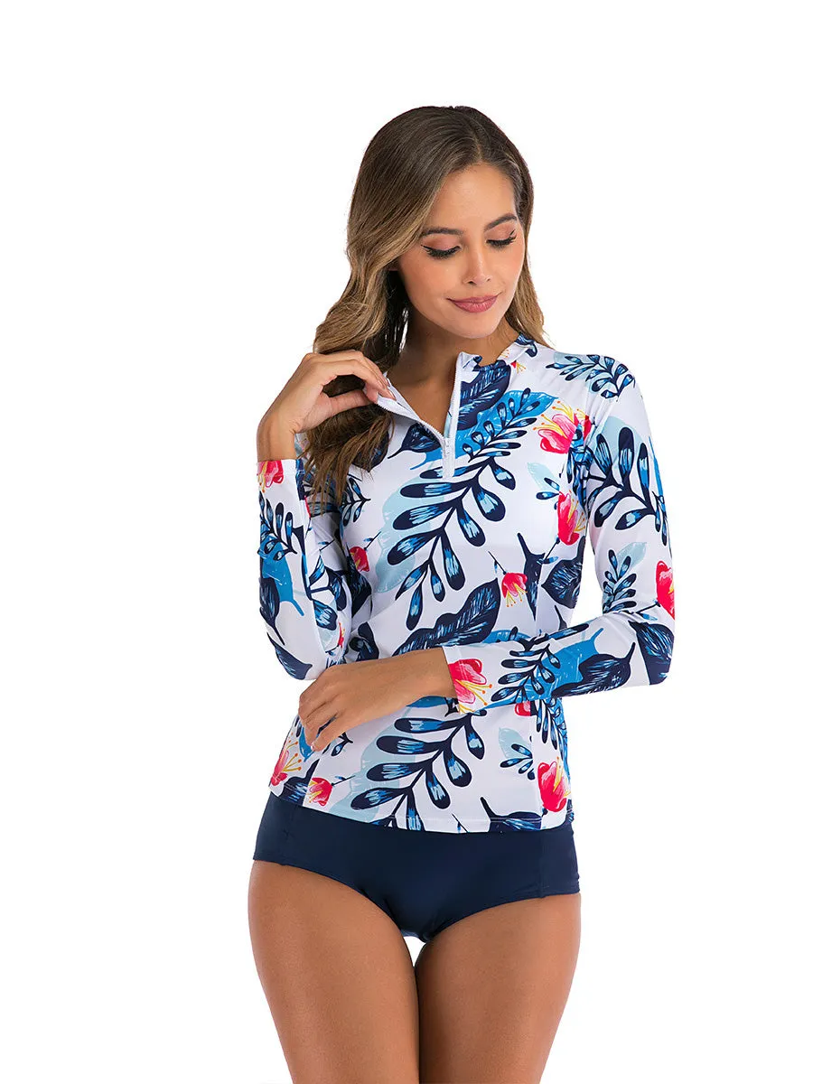 Printed long-sleeved sunscreen belly-covering two-piece swimsuit