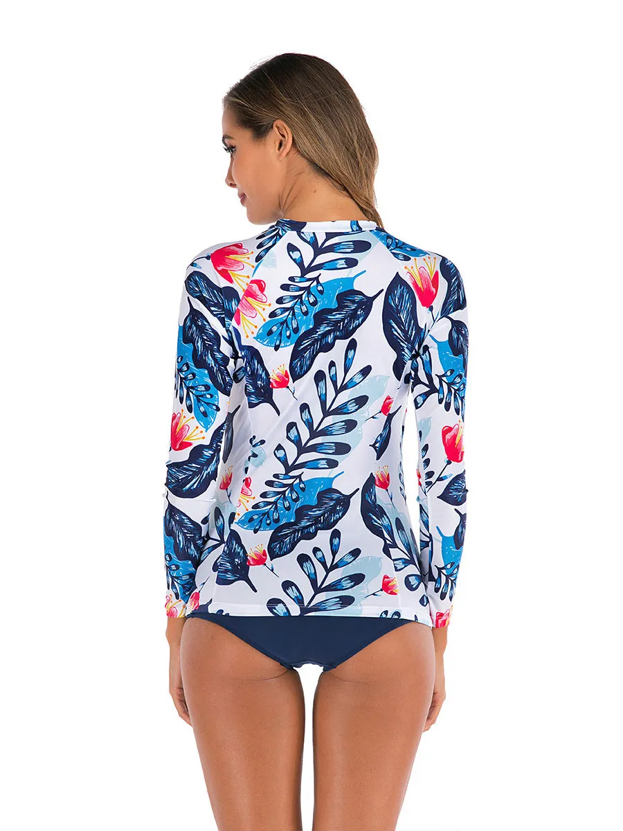 Printed long-sleeved sunscreen belly-covering two-piece swimsuit