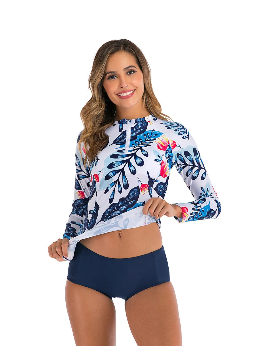 Printed long-sleeved sunscreen belly-covering two-piece swimsuit
