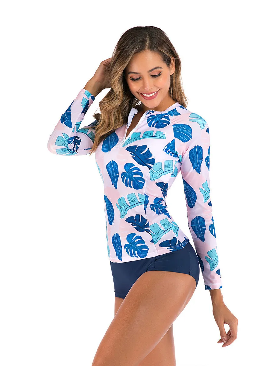 Printed long-sleeved sunscreen belly-covering two-piece swimsuit