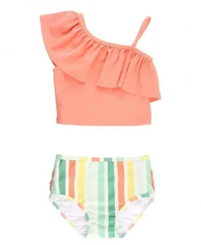RuffleButts Saltwater Stripe Coral Ruffle Tankini